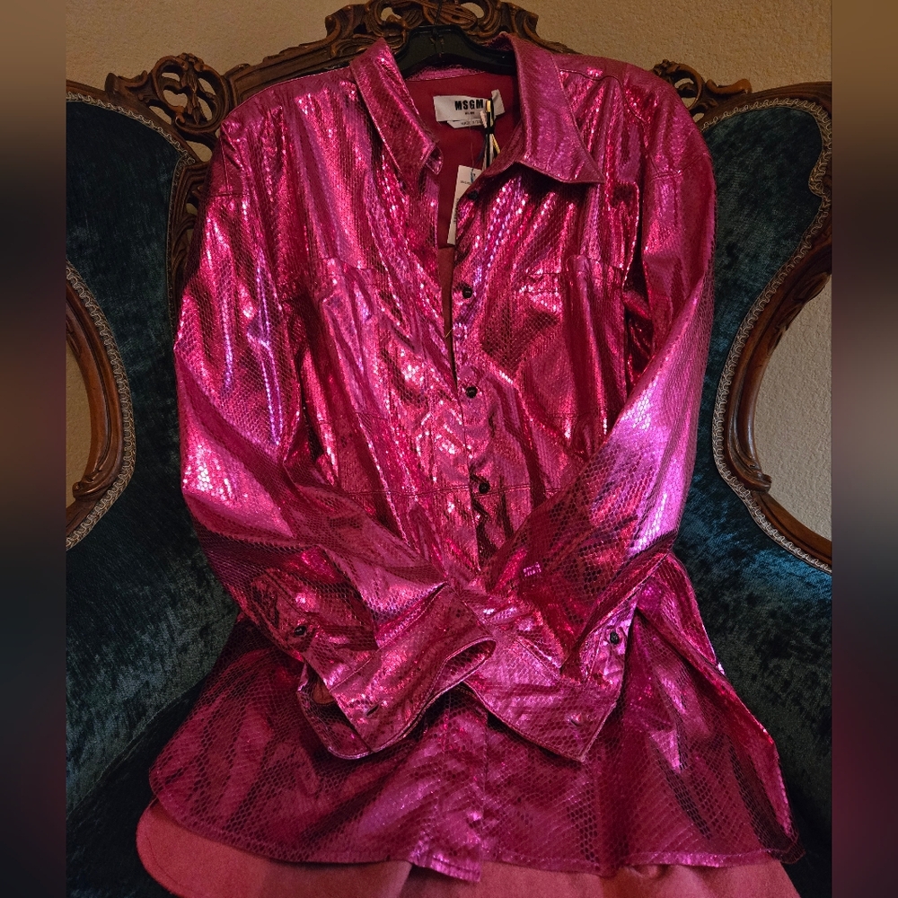 Italian Faux  Leather Snake Pink Button-Up Shirt